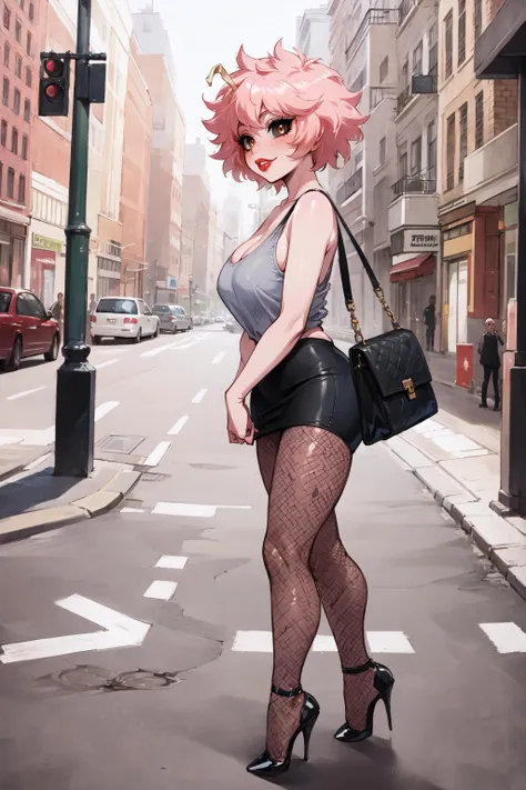 beautiful, (masterpiece), best quality, (extremely detailed face), extremely detailed eyes, perfect lighting, OverallDetail, detailed, deep skin,textured skin,
,<lora:minaashido:0.8>,mina ashido,medium breasts, sporty, smile, parted lips, red lipstick, street corner ,outdoors, skirt, tank top
,fellatrix style,bimbo,lips,makeup, <lora:fellatrix_style_v2:0.8>,gloves, Fishnet tight,handbag, high heels,