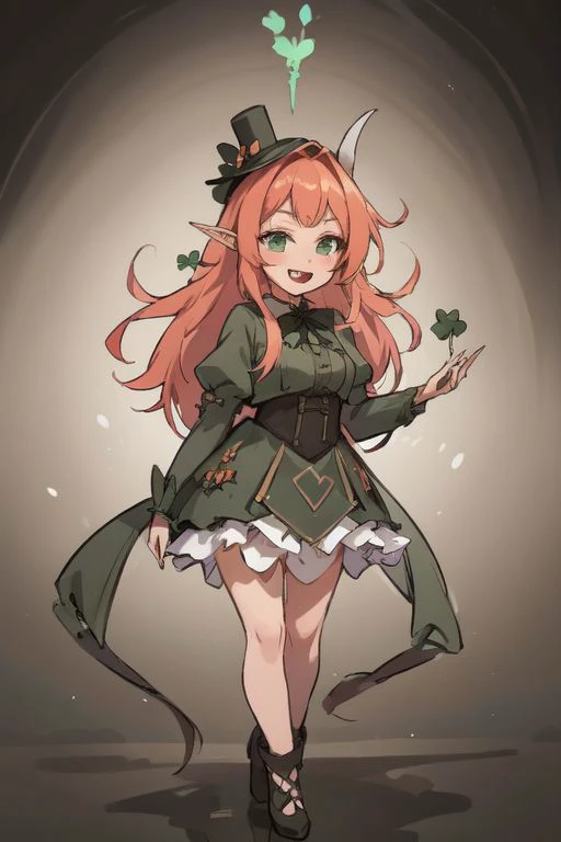 masterpiece,best quality,ultra-detailed,very detailed illustrations,extremely detailed,intricate details,highres,super complex details,extremely detailed 8k ,cowboy shot, caustics,
reflection,
ShamrockWorld, Celtic theme, clover, four-leaf clover, light particles, (1girl, horns, elf ears, green top hat, solo, looking at viewer, smile, shade_green four-leaf clover dress , radiant_green_eyes, standing, full body, succubus tail, long_ginger_orange_hair_color, , random expressions, random action), clover field, gradient, gradient background, , :d, fangs, green background,