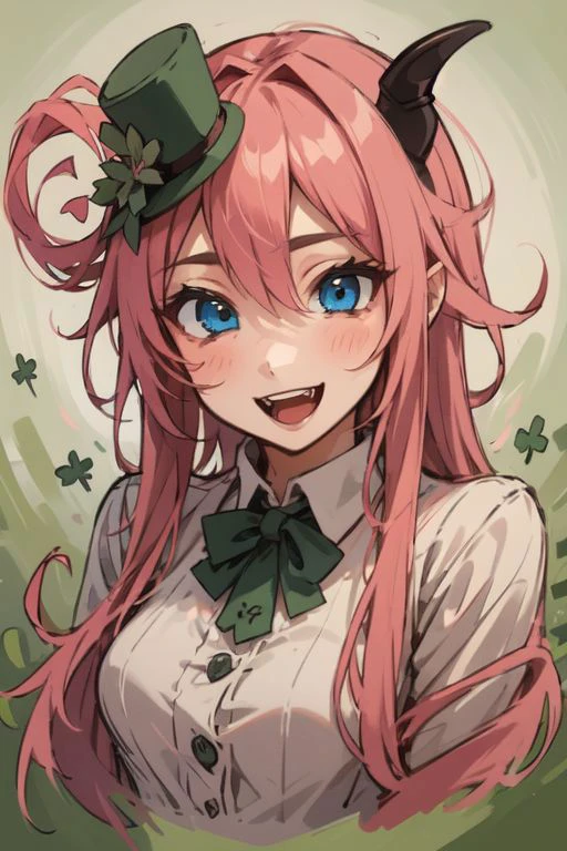 masterpiece,best quality,ultra-detailed,very detailed illustrations,extremely detailed,intricate details,highres,super complex details,extremely detailed 8k ,cowboy shot, caustics,
reflection,
ShamrockWorld, clover, four-leaf clover, light particles, (1girl, horns, green top hat, solo, looking at viewer, smile, green clover dress , blue eyes, standing, full body, succubus tail, long pink hair, , random expressions, random action), clover field, gradient, gradient background, , :d, fangs, green background,