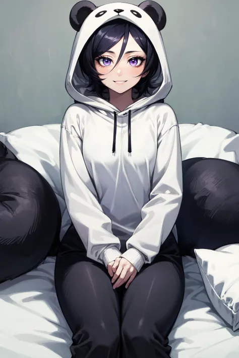 one college girl, purple short hair, yellow eyes, hair clip, light blush (1 :1) , light smile, black hoodie, blue jean, bedroom, sitting on bed, hugging plushie