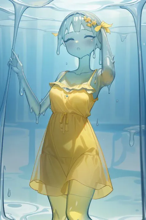 (masterpiece, best quality, absurdres, 4k, aesthetic, detailed, intricate), [translucent blue slime girl in a yellow sundress:20:30],[invisible girl, yellow sundress,::20]
