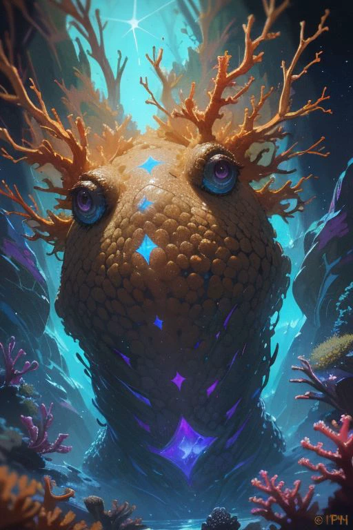 Drawing art Style, high detail, (Howard Phillips Lovecraft story, cosmic monster), 18+, nature, water, fantasy, naked, (fluorite and dark golden + blue purple neon : smooth, , lively coral reef background HD, 35mm photograph, 8k), masterpiece, natural light, high detail.