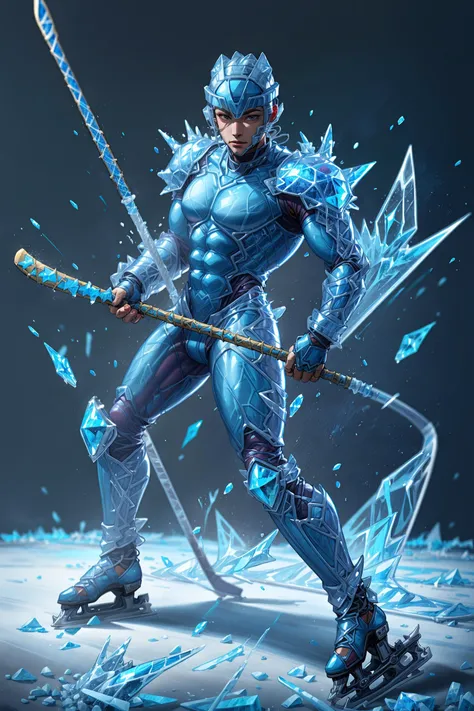 <lora:flat2:-1>, muscular, <lora:Clothing - Ice Armor:0.8>, ic34rmor, ice bodysuit, holding ice hockey stick, ice hockey protector, ice shoulder pads, ice full face helmet, ice skates