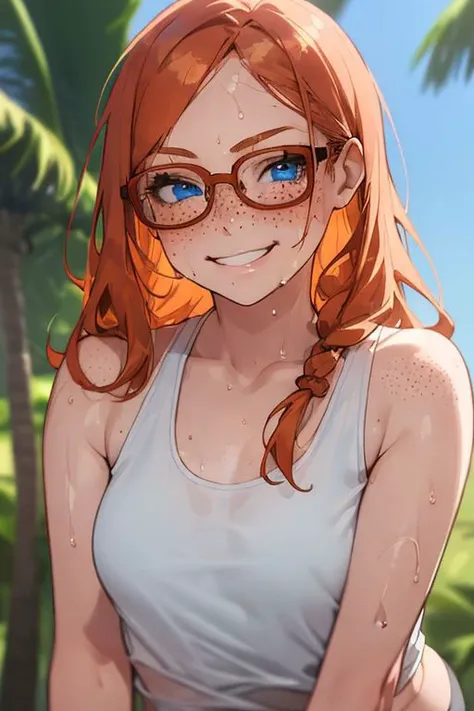 1girl, 18 year old, ginger, chubby, long copper hair, electric blue eyes, square glasses, petite, medium breast, freckles, happy, smiling, smirk, sweat, hot, white tank top, detailed face, detailed body,
beautiful, detailed, best quality, masterpiece, beautiful lightening, hot weather