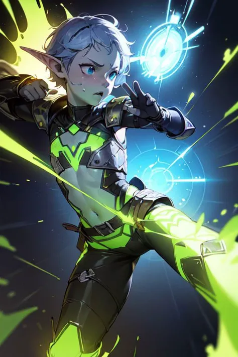 (non-binary:1.6),(flat chest:1.3) elf young adult, thief,(translucent skin:1.21),(blue skin:1.3), (fighting pose with dagger:1.4), see-through,transparent,short black hair, athletic build, (fantasy leather armor:1.4),vest, (tanktop:1.1), protective clothes, (green glow emanating from the center for their chest:1.6), shoulder armor, colored skin, short hair, gloves, belt, armor,chest armor,shameless
(cave:1.0), (fantasy theme:1.3),mystical
(best quality, ultra-detailed, best shadow), detailed background, (detailed face), (best illumination), intricate details, 8k,(subsurface scattering),
EasyNegativeV2, easynegative