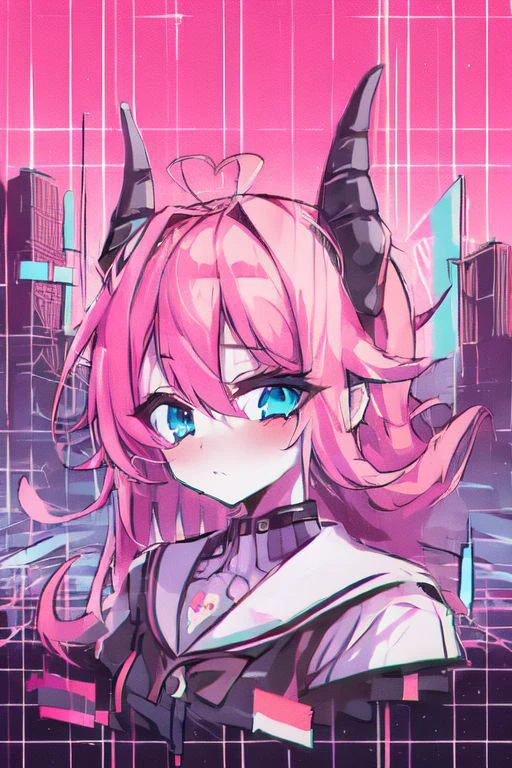 (masterpice, best quality, high quality, highres:1.4), in (vaporwave glitch effect digital illustration art-style:1.36), vtuber-halfbody of a t girl with long pink hair blue eyes and horns hologram in a city street with neon signs, (city lights:0.7), (solitude:0.5), (futuristic atmosphere:0.7), cinematic shot, ascii, (by tomma abts:1.36), 4k textures, ultra detailed