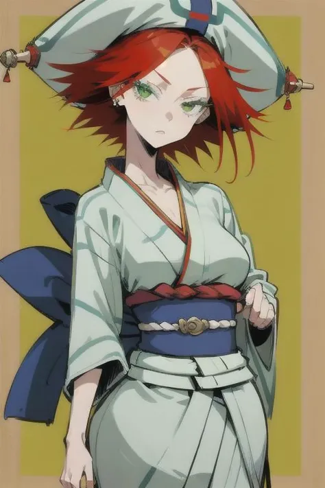 ASCIISkinny, Thin, Female, solo, sharp eyes, slanted eyes, fiery red hair, ((((red hair)))), very short hair, pixie cut, (((green eyes))), disheveled hair, pierced, pierced ears, ((medium breasts)), kuroageha, green eyes, blue hat, blue kimono, sash