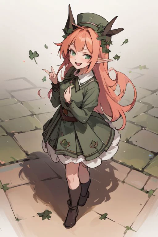 masterpiece,best quality,ultra-detailed,very detailed illustrations,extremely detailed,intricate details,highres,super complex details,extremely detailed 8k ,cowboy shot, caustics,
reflection,
ShamrockWorld, Celtic theme, clover, four-leaf clover, light particles, (1girl, horns, elf ears, green top hat, solo, looking at viewer, smile, shade_green four-leaf clover dress , radiant_green_eyes, standing, full body, succubus tail, long_ginger_orange_hair_color, , random expressions, random action), clover field, gradient, gradient background, , :d, fangs, green background,