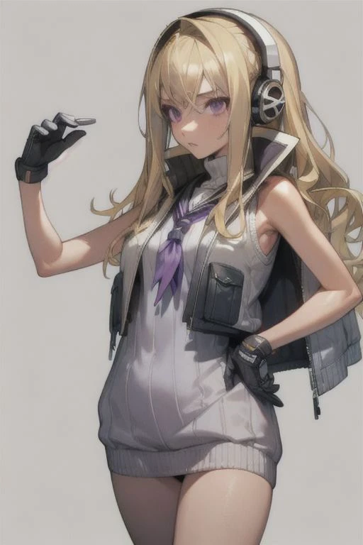 ASCIISkinny, Thin, Female, solo, sharp eyes, slanted eyes, (((((blonde hair))))), ((purple eyes)), medium breasts, disheveled hair, ((medium breasts)), wavy hair, long hair, pepper \(nikke\), ribbed sweater, sleeveless, jacket, sailor collar, neckerchief, headphones, gloves, dress