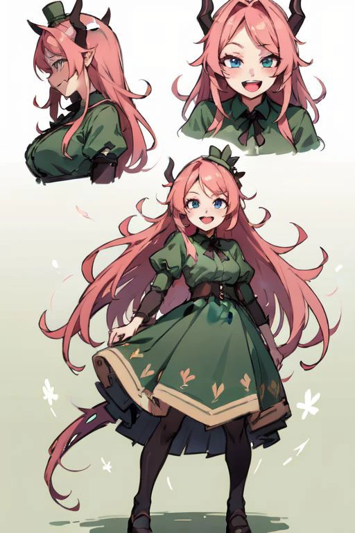 masterpiece,best quality,ultra-detailed,very detailed illustrations,extremely detailed,intricate details,highres,super complex details,extremely detailed 8k ,cowboy shot, caustics,
reflection,
ShamrockWorld, clover, four-leaf clover, light particles, (1girl, horns, green top hat, solo, looking at viewer, smile, green clover dress , blue eyes, standing, full body, succubus tail, long pink hair, , random expressions, random action), clover field, gradient, gradient background, , :d, fangs, green background,