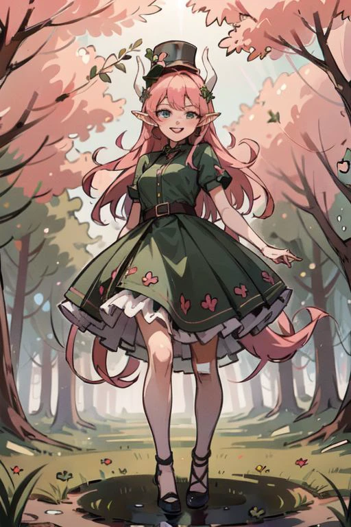 masterpiece,best quality,ultra-detailed,very detailed illustrations,extremely detailed,intricate details,highres,super complex details,extremely detailed 8k ,cowboy shot, caustics,
reflection,
ShamrockWorld, clover, four-leaf clover, light particles, (1girl, horns, elf ears, green top hat, solo, looking at viewer, smile, shade_green four-leaf clover dress , blue eyes, standing, full body, succubus tail, long pink hair, , random expressions, random action), clover field, gradient, gradient background, , :d, fangs, green background,