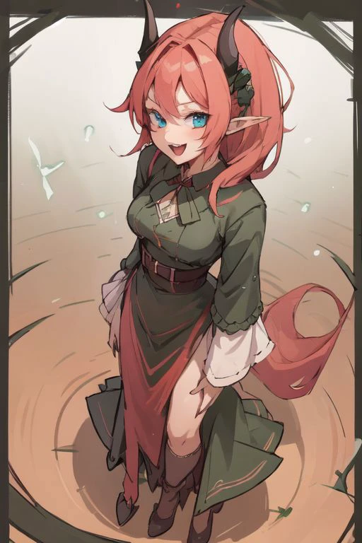 masterpiece,best quality,ultra-detailed,very detailed illustrations,extremely detailed,intricate details,highres,super complex details,extremely detailed 8k ,cowboy shot, caustics,
reflection,
ShamrockWorld, Celtic theme, clover, four-leaf clover, light particles, (1girl, horns, elf ears, green top hat, solo, looking at viewer, smile, shade_green four-leaf clover dress , blue eyes, standing, full body, succubus tail, long fiery_red hair color, , random expressions, random action), clover field, gradient, gradient background, , :d, fangs, green background,