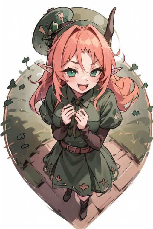 masterpiece,best quality,ultra-detailed,very detailed illustrations,extremely detailed,intricate details,highres,super complex details,extremely detailed 8k ,cowboy shot, caustics,
reflection,
ShamrockWorld, Celtic theme, clover, four-leaf clover, light particles, (1girl, horns, elf ears, green top hat, solo, looking at viewer, smile, shade_green four-leaf clover dress , radiant_green_eyes, standing, full body, succubus tail, long_ginger_orange_hair_color, , random expressions, random action), clover field, gradient, gradient background, , :d, fangs, green background,