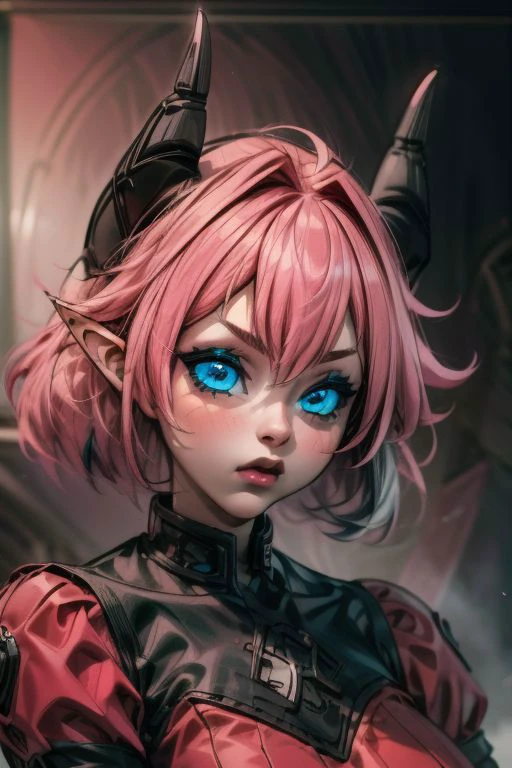 (8k uhd, masterpiece, best quality, high quality, ultra_detailed) 1 girl, solo, dress, (dark_cherry colore + pink hair, blue eyes, horns, pointed ears), Better hand, perfect anatomy.