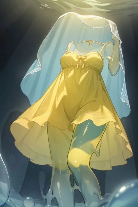 (masterpiece, best quality, absurdres, 4k, aesthetic, detailed, intricate), [translucent blue slime girl in a yellow sundress:20:30],[invisible girl, yellow sundress,::20]