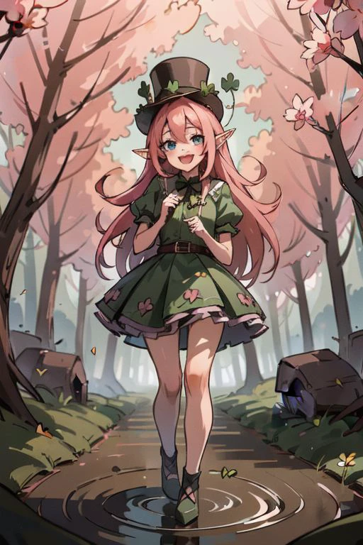 masterpiece,best quality,ultra-detailed,very detailed illustrations,extremely detailed,intricate details,highres,super complex details,extremely detailed 8k ,cowboy shot, caustics,
reflection,
ShamrockWorld, clover, four-leaf clover, light particles, (1girl, horns, elf ears, green top hat, solo, looking at viewer, smile, shade_green four-leaf clover dress , blue eyes, standing, full body, succubus tail, long pink hair, , random expressions, random action), clover field, gradient, gradient background, , :d, fangs, green background,