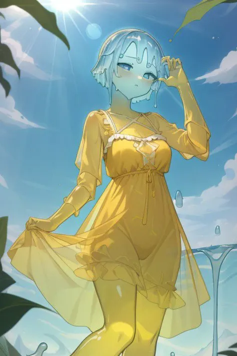 (masterpiece, best quality, absurdres, 4k, aesthetic, detailed, intricate), [translucent blue slime girl in a yellow sundress:20:30],[invisible girl, yellow sundress,::20]
