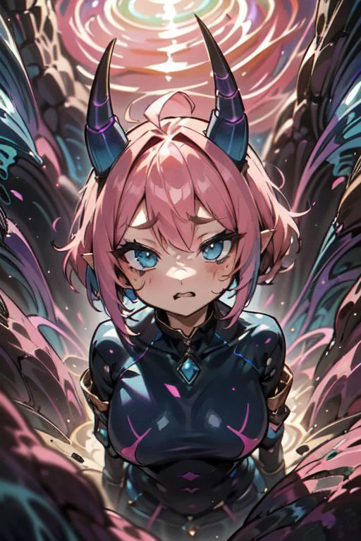 chibi, anime chibi Drawing art Style, high detail, (Howard Phillips Lovecraft story, cosmic monster, insanity, darkness eyes), 18+, nature, water, fantasy, magic, naked, ((chibi_girl_body_inside_eyes (chibi,1 chibi girl, blue eyes, pink hair, horns, directly looking at viewer)), (fluorite and dark golden + blue purple neon : smooth, , lively coral reef background HD, 35mm photograph, 8k), masterpiece, natural light, high detail.