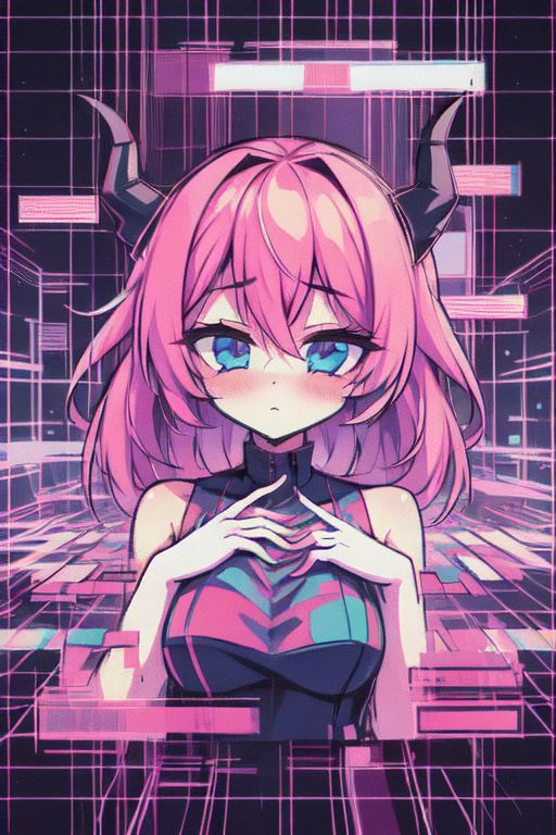 (masterpice, best quality, high quality, highres:1.4), in (vaporwave glitch effect digital illustration art-style:1.36), vtuber-halfbody of a t girl with long pink hair blue eyes and horns hologram in a city street with neon signs, (city lights:0.7), (solitude:0.5), (futuristic atmosphere:0.7), cinematic shot, ascii, (by tomma abts:1.36), 4k textures, ultra detailed