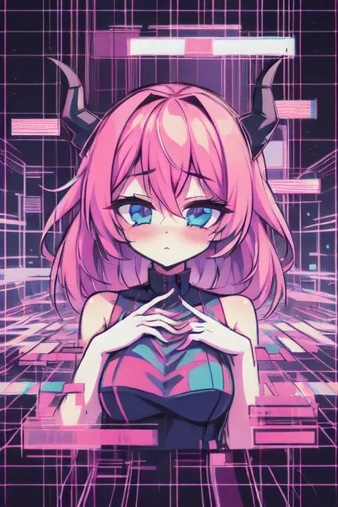 (masterpice, best quality, high quality, highres:1.4), in (vaporwave glitch effect digital illustration art-style:1.36), vtuber-halfbody of a t girl with long pink hair  blue eyes and horns hologram in a city street with neon signs, (city lights:0.7), (solitude:0.5), (futuristic atmosphere:0.7), cinematic shot, ascii, (by tomma abts:1.36), 4k textures, ultra detailed