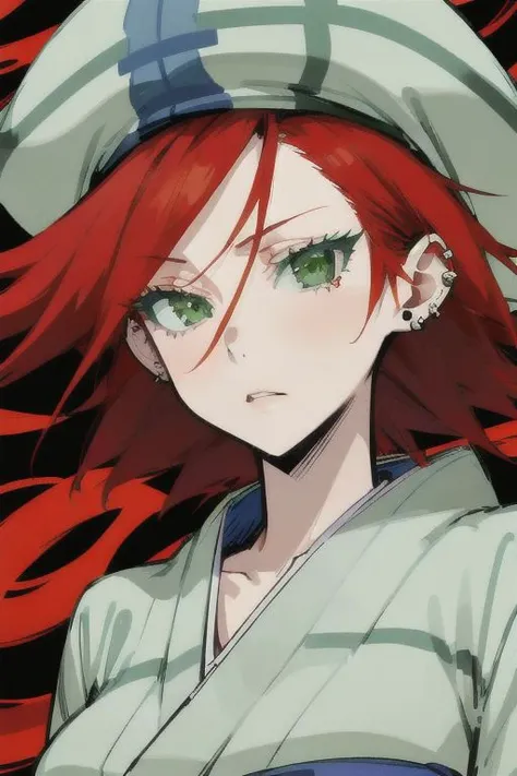 ASCIISkinny, Thin, Female, solo, sharp eyes, slanted eyes, fiery red hair, ((((red hair)))), very short hair, pixie cut, (((green eyes))), disheveled hair, pierced, pierced ears, ((medium breasts)), kuroageha, green eyes, blue hat, blue kimono, sash