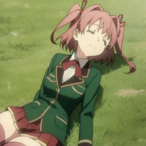 hikayu hoshikawa, short hair, twintails, ribbon, hair ribbon, pink hair, two side up, thighhighs, school uniform, jacket, zettai ryouiki, blazer, green blazer, lying, on grass, sleeping, on back, smile