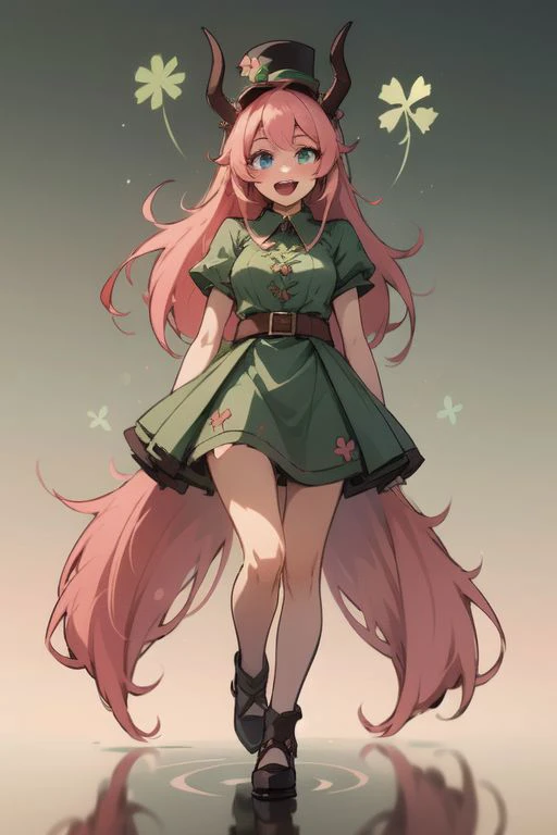 masterpiece,best quality,ultra-detailed,very detailed illustrations,extremely detailed,intricate details,highres,super complex details,extremely detailed 8k ,cowboy shot, caustics,
reflection,
ShamrockWorld, clover, four-leaf clover, light particles, (1girl, horns, green top hat, solo, looking at viewer, smile, green clover dress , blue eyes, standing, full body, succubus tail, long pink hair, , random expressions, random action), clover field, gradient, gradient background, , :d, fangs, green background,