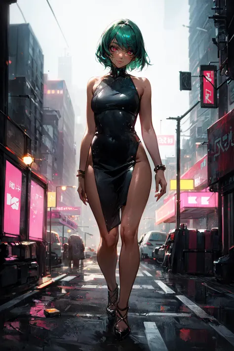 (masterpiece:1.2, best quality:1.2), absurdres:1.2, depth of field:1.3, perfect lighting, cinematic shadows, jewelry, (crazy eyes), (eyeliner), 1girl, solo, looking at viewer, bangs, smile, closed mouth, (((((dark skin))))), realistic background, <lora:more_details:0.45>, ((full body)), (realistic background, cyberpunk, city), green hair, neon lights, stores, red eyes,