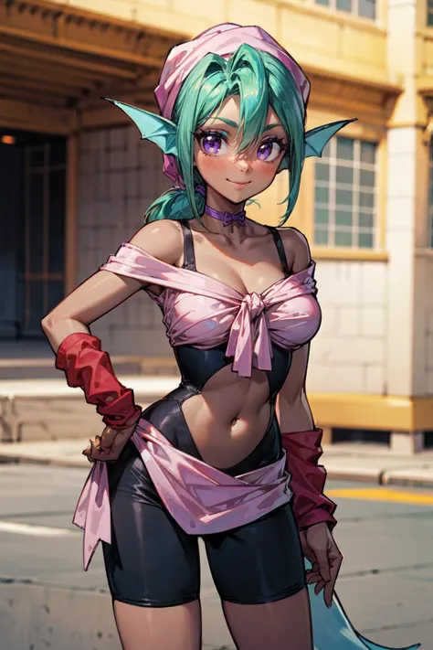 ((contrapposto)), (masterpiece:1.2, best quality:1.2), absurdres:1.2, depth of field:1.3, super-resolution, perfect lighting, <lora:more_details:0.45>, MainOutfit_Juri_ownwaifu, (solo), smile, closed mouth, 1girl, fish girl, green hair, green lips, head fins, ribbon choker, dark skin, dark-skinned female, bandana, long hair, makeup, purple eyes, lipstick, ponytail, collarbone, eyeshadow, hair between eyes, purple choker, medium breasts, bangs, (fish tail), aqua hair, eyelashes, bodysuit, navel cutout, arm warmers, clothing cutout, midriff, bare shoulders, choker, bike shorts, monster girl, leg warmers, navel, off shoulder, cleavage, loose socks, black dress, purple bow, black bodysuit, crop top, wristband, center opening, pink shirt, sash, pink skirt, <lora:ANIME_YuYuHakusho_Juri_ownwaifu:0.7> , ((cowboy shot)),