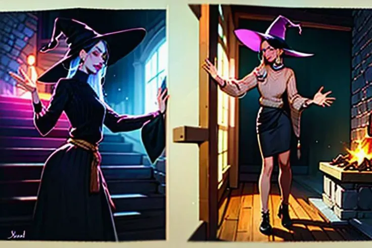 witch hat,1boy,androginous, tall,lanky,skinny,lifting skirt,standing, sweater,penis, testicles, , looking away, tongue out, smiling, pale, feminine face, heavy makup, dark lipstick, testicles, shaved, closeup view,flat chest, femboy, low details, hut, dark atmosphere, lit fireplace, teal lights
two tonal lighting,chromatic aberrtion, sense of depth, great composition, complementary colors