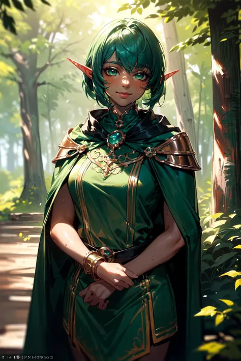 (masterpiece:1.2, best quality:1.2), (((dark skin))), (((dark elf))), depth of field:1.3, (beautiful, perfect, delicate, detailed, intricate, aesthetic:1.2), (solo), cowboy shot, (smile, closed mouth), ((((green cloak)))), green eyes, hot day, heat, sweat, ((outdoors, forest, treehouse village, realistic background)), <lora:more_details:0.45>, ((green hair)), (((mature)))