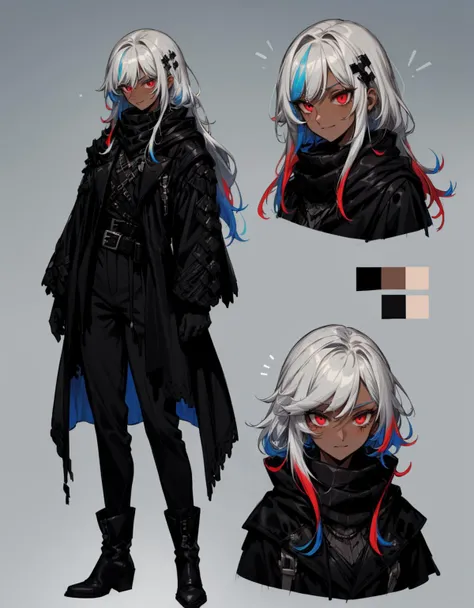 (<lora:CharacterDesign_Concept-10:0.4>, charactersheet), multiple views, ((full body)), (upper body), (side view), straight-on, (cowboy shot), (back view), reference sheet:1.8, (long hair), bangs, hair ornament, (silver hair:1.3), gradient hair, (black hair), (colored tips), (multicolored hair:1.3), ((dark skin:1.6)), solo, red eyes, best quality, masterpiece, mascara, eyeshadow, standing, (closed mouth), smile, small breasts, (black cloak, black scarf, black coat, black shirt, black gloves, black pants, black boots, belt), scar, <lora:more_details:0.5>