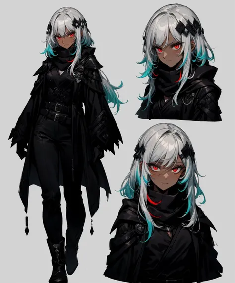 (<lora:CharacterDesign_Concept-10:0.4>, charactersheet), multiple views, ((full body)), (upper body), (side view), straight-on, (cowboy shot), (back view), reference sheet:1.8, (long hair), bangs, hair ornament, (silver hair:1.3), gradient hair, (black hair), (colored tips), (multicolored hair:1.3), ((dark skin:1.6)), solo, red eyes, best quality, masterpiece, mascara, eyeshadow, standing, (closed mouth), smile, small breasts, (black cloak, black scarf, black coat, black shirt, black gloves, black pants, black boots, belt), scar, <lora:more_details:0.5>