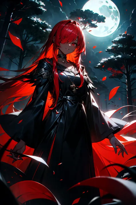 (masterpiece:1.2, best quality:1.2), absurdres:1.2, depth of field:1.3, super-resolution, perfect lighting, <lora:more_details:0.45>, (hair over one eye), <lora:hair_over_eyes:0.7>, blood, (((dark skin))), (((((abstract, color splash, wild colors))))), (((painted world))), painting, vibrant colors, smile, closed mouth, black choker, red eyes, messy hair, ((red hair)), orange hair:0.8, multicolored hair, (long hair), (((low-tied long hair))), bangs, sidelocks, looking at viewer, realistic background, (((fantasy))), petals, rose colors, (trees, meadow), moon, lotus, night, clouds, standing, floating city in background, dreamlike, ethereal,