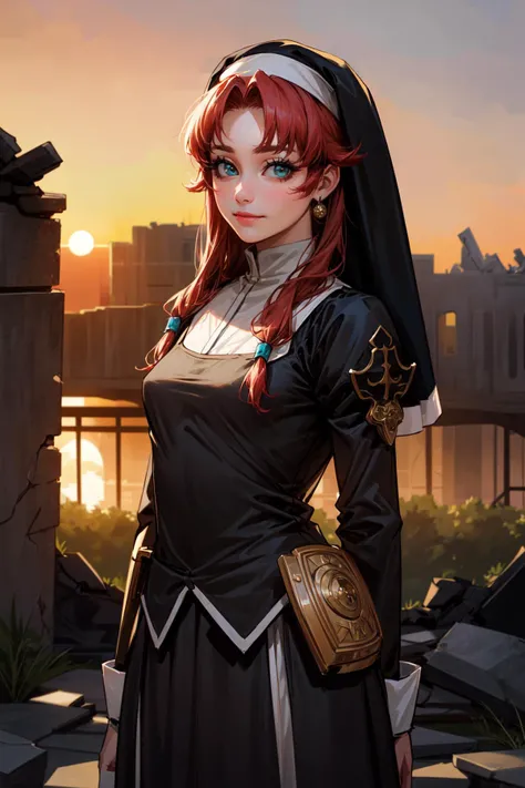 (masterpiece:1.2, best quality:1.2), absurdres:1.2, depth of field:1.3, perfect lighting, cinematic shadows, jewelry, (crazy eyes), (eyeliner), looking at viewer, bangs, smile, closed mouth, <lora:more_details:0.45>, ((cowboy shot)), ((realistic background, ruins, castle, sunset)), red eyes, (solo), <lora:Ries:0.8> , Ries Argent, aqua eyes, red hair, (hair tubes:1.1), hair over shoulder, (sidelocks:1.1), small breasts, nun outfit, long skirt, habit, large gold medallion,