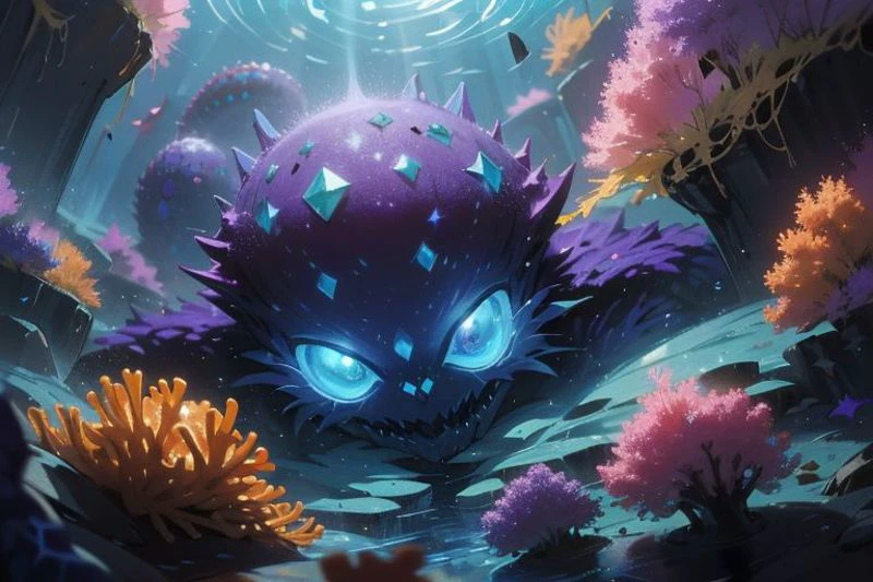 Drawing art Style, high detail, (Howard Phillips Lovecraft story, cosmic monster), 18+, nature, water, fantasy, naked, (fluorite and dark golden + blue purple neon : smooth, , lively coral reef background HD, 35mm photograph, 8k), masterpiece, natural light, high detail.