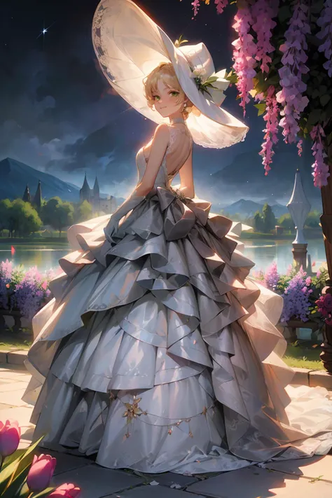 best quality, masterpiece, <lora:wrenchrococodome:0.7>, wrenchrococodome, (((((white wedding dress))))), (bridal gown), ((white dress)), multilayered dress, ((boater hat, ribbon around hat)), pantyhose, frills, flower, embroidery, accessories, jewelry, dress, backless dress, ribbons, perfect lighting, (flat chest), (1girl), closed mouth, smile, happy, makeup, ((green eyes)), standing, looking at viewer, ((white choker)), ((blonde hair)), (drill hair), (bangs), cross, earrings, (white gloves), (((solo))), (garden, pond in background, roses, lilacs, tulips, plants, realistic background, pillars, castle, outdoors, staircase, steps, mountain, night sky, starry sky), full body, <lora:more_details:0.45>,