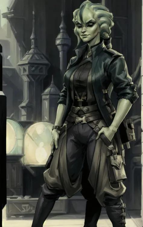 ((best quality)), ((masterpiece)), (detailed), star wars, black sclara, green skin:1.2, colored skin:1.2, female trader, wealthy. Posing menacingly, in a bazaar. wearing traders attire. Smugglers clothes. pants, shirt and jacket. (modest clothing that covers her:1.3), trendy, cool, smirking. ((she is not showing skin)). mature woman.
<lora:add_detail:0.2> <lora:Nautolan:0.8> <lora:blackeyes-v1:0.4>