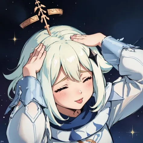 masterpiece, best quality, paimondef, upper body, ahetobleh, hands on own head, closed eyes, from above <lora:paimon1-000005:0.9> <lora:ahetobleh-nvwls-v1-final:0.8>