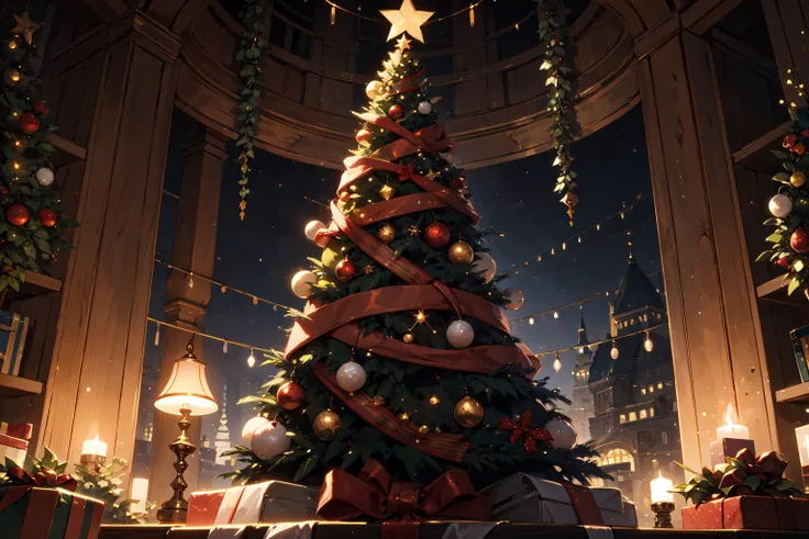 christmas tree, new happy new year,  holiday atmospere,  <lora:Fantasy_style_background:0.8>