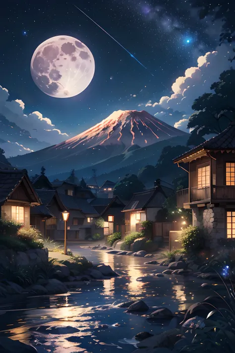 a night scene with a full moon in the sky, detailed digital anime art, volcano valley, ããã®, # digital 2 d, music album art, night time with starry sky, streaming on twitch, 2 5 6 x 2 5 6 pixels, fragments, devinart, unconnected, cover, blue hour, summer night, anime visual, flowing hills <lora:Fantasy_style_background:0.7>