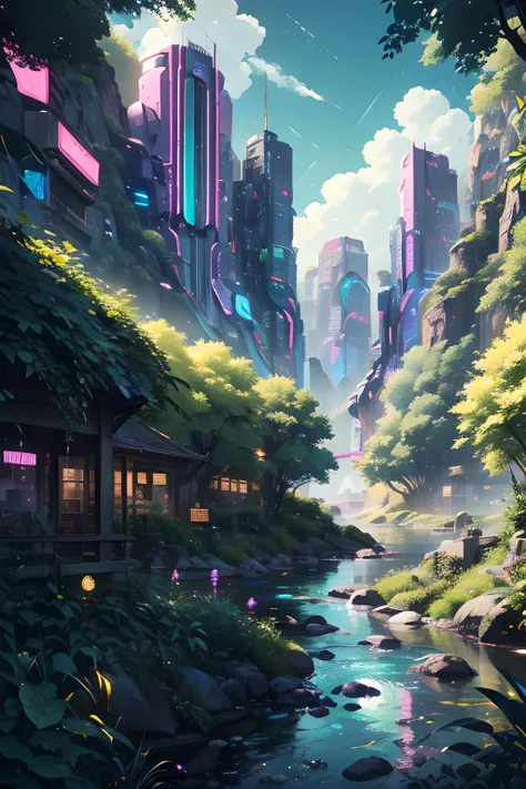 landscape, river, forest, mountains, summer, cyberpunk, vaporwave, neon, vibes, vibrant, stunningly beautiful, crisp, detailed, sleek, ultramodern, verdant green highlights, dark purple shadows, high contrast, cinematic, ultra detailed, intricate, professional <lora:Fantasy_style_background:0.7>