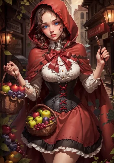 blue eyes, <lora:LittleRedHood_character:0.6>, RedHoodWaifu, (red hood, cape, corset, dress, red skirt), fruit basket, <lyco:GoodHands-beta2:1.0>, nice hands, good hands, detailed face, detailed eyes, detailed lips, detailed eyelashes,