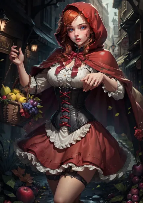 blue eyes, <lora:LittleRedHood_character:0.6>, RedHoodWaifu, in action, dynamic pose, (red hood, cape, corset, dress, red skirt), fruit basket, <lyco:GoodHands-beta2:1.0>, nice hands, good hands, detailed face, detailed eyes, detailed lips, detailed eyelashes,