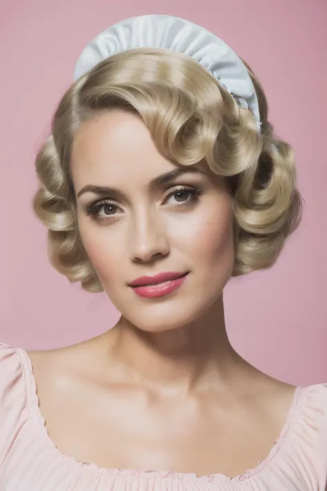 a face photo of ssm wearing a milk maid dress, (light pink milk maid dress), (upright pin curl hairstyle), (blonde hair), (kitchen background), elegant, highly detailed. vibrant, photorealistic, realistic, sharp focus, 8k,<lyco:ShannynSossamon-RealVision-V1.0:1.0>