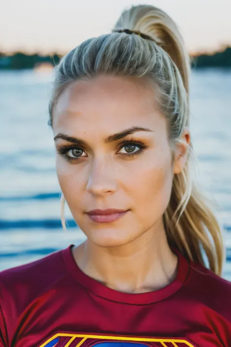 RAW, real photo portrait of ssm, on a boat, (wearing a supergirl shirt), pretty face, insanely detailed eyes, light blonde hair, high ponytail, bokeh, natural light, depth of field, golden hour, sharp focus,<lyco:ShannynSossamon-RealVision-V1.0:1.0>