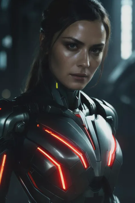 ssm, ((best quality)), ((masterpiece)), (detailed), Midjourney Style, close-up, woman, robot, red eyes, concept art, inspired by Marek Okon, digital art, Crysis Nanosuit, futuristic, (glowing elements:1.1), 4:3 aspect ratio, dynamic duo,<lyco:ShannynSossamon-RealVision-V1.0:1.0>
