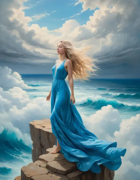 On a cloudy canvas painted with hues of whimsy, a solitary blonde woman in a glistening azure gown stands alone atop a floating precipice, her long locks flowing behind like waves in the wind, her piercing blue eyes closed as she embraces the boundless sea of clouds below, her form radiating an otherworldly tranquility amidst the surrealist fantasy landscape that TR0B1C4L had conjured. <lora:jjkghg18fce9d55c6s925:1>