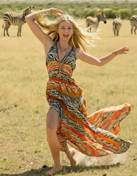 A striking blonde woman, dressed in a vibrant and intricately patterned maxi dress reminiscent of tribal art, leaps joyfully towards the camera with an air of confident playfulness, her long hair flowing wildly behind her, creating a realistic scene that captures the essence of a solitary figure amidst the vast sun-soaked plains of an African savannah, as a herd of zebras curiously observe from afar. TR0B1C4L <lora:jjkghg18fce9d55c6s925:1>