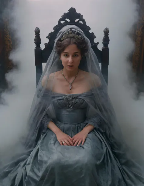 An eerie, Victorian-inspired scene unfolds from a top-down vantage point, revealing an intriguing woman cloaked in a traditional dress, her enigmatic gaze locked on the viewer as she gracefully sits upon a majestic throne shrouded in swirling smoke and fog. TR0B1C4L <lora:jjkghg18fce9d55c6s925:1>